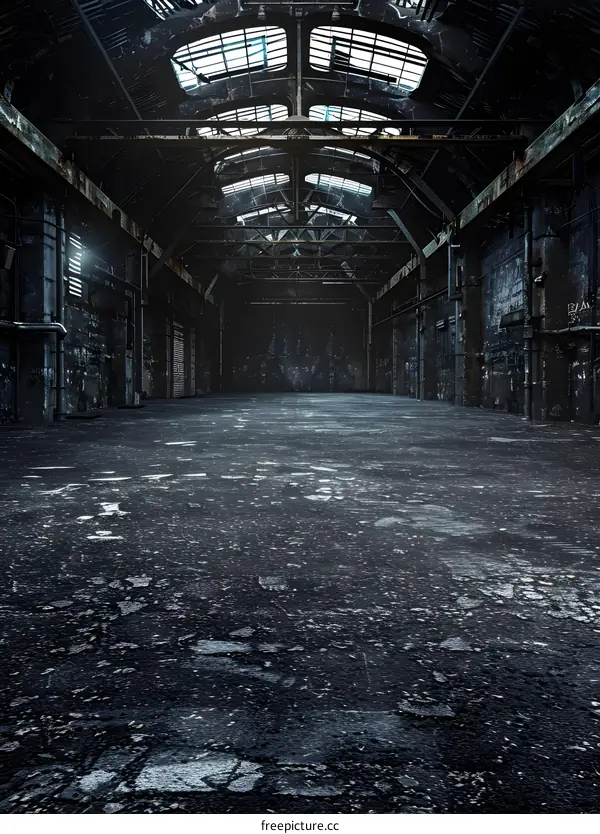 Dark Industrial Interior of an Abandoned Warehouse
