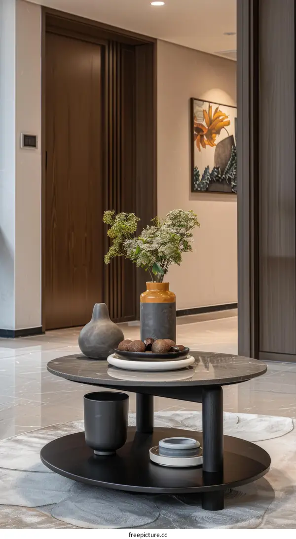 A stylish living room with a coffee table, vase, and painting