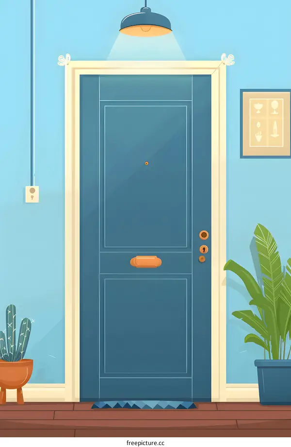 Blue Front Door with Light and Plants