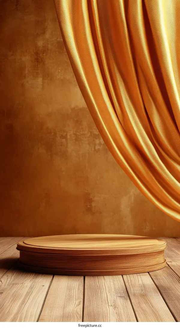 Golden Curtain and Wooden Stage Display