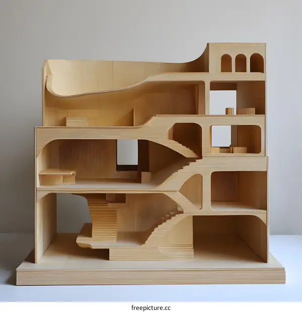 Wooden Model of a Modern Building with Curved Walls and Multiple Levels