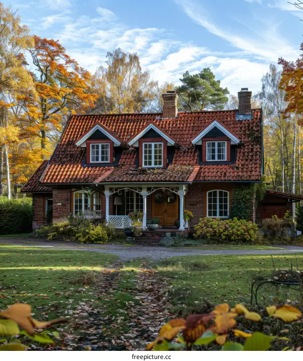 Small cottage with red roof surrounded by trees with autumn leaves