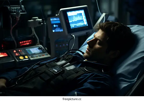 Man lying in a hospital bed hooked up to medical equipment