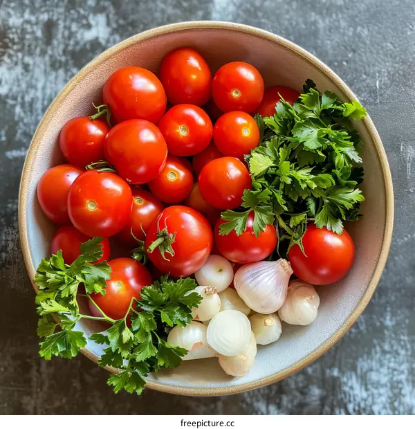 Fresh Tomatoes, Shallots, and Parsley in a Bowl