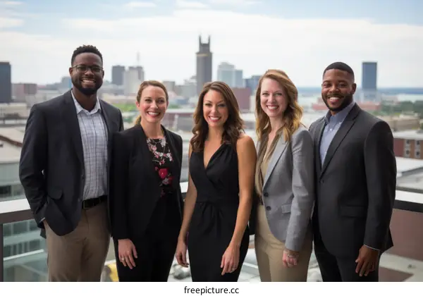 A group of diverse professionals standing on a rooftop in a city.