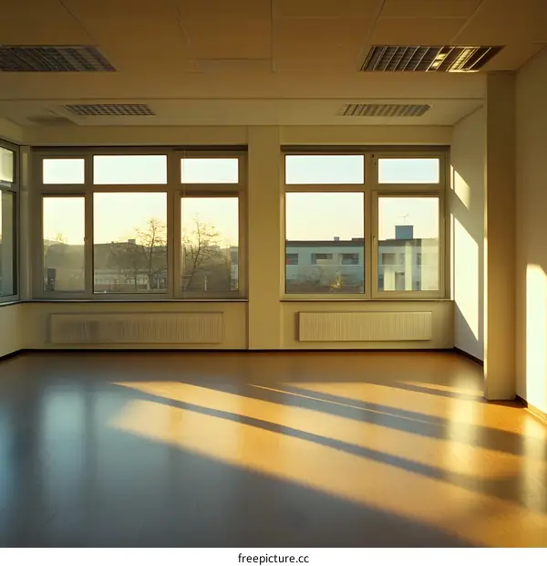 Empty Office Room With Windows and Wooden Floor