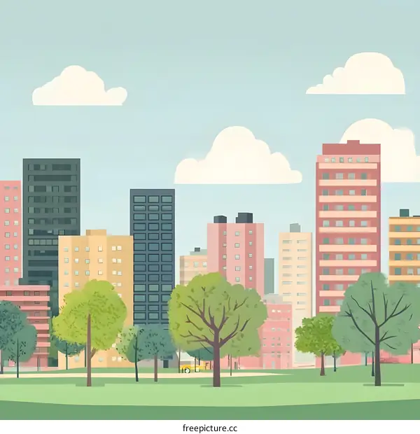 Cityscape with Green Trees and Blue Sky