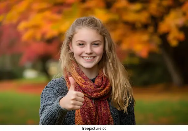 Smiling Woman Giving Thumbs Up in Autumn