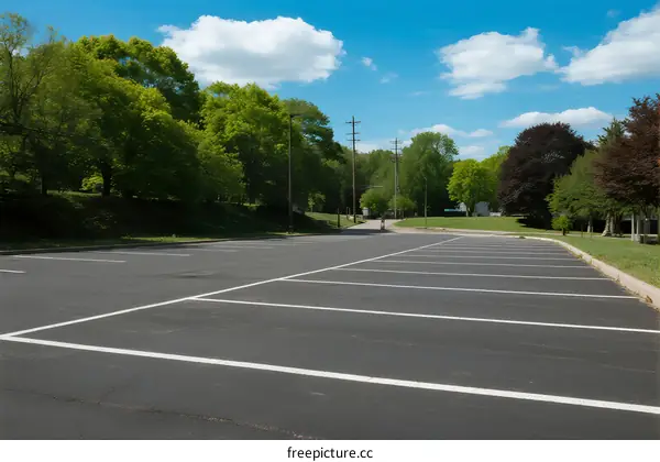 Empty parking lot surrounded by lush green trees under a clear blue sky