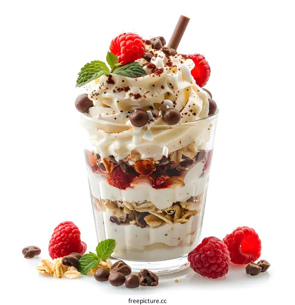 Delicious Dessert Parfait with Yogurt, Raspberries, and Chocolate
