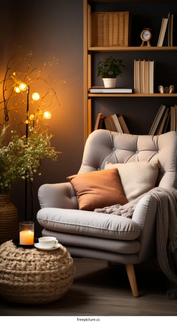 A cozy reading nook with a comfortable armchair, a warm lamp, and a cup of tea