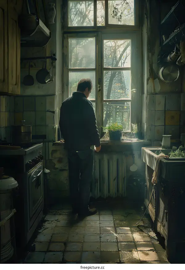 Man standing in a ruined kitchen looking out the window
