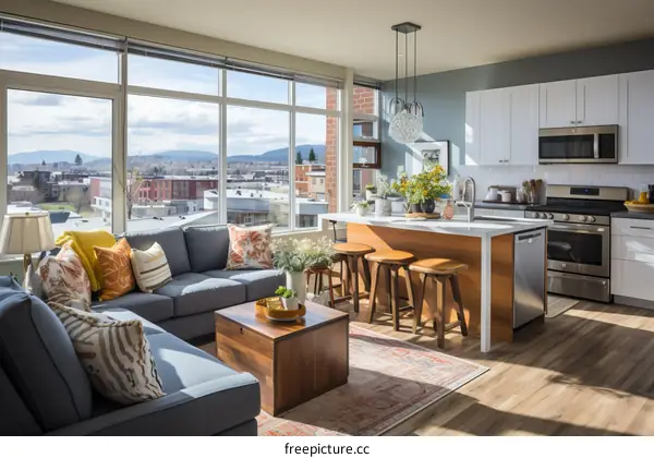 An open-concept living room, dining room, and kitchen with a large window overlooking the city
