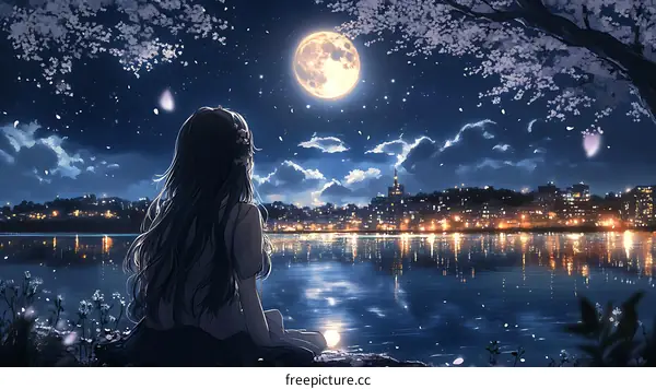 Nighttime Cityscape with a Woman and a Full Moon