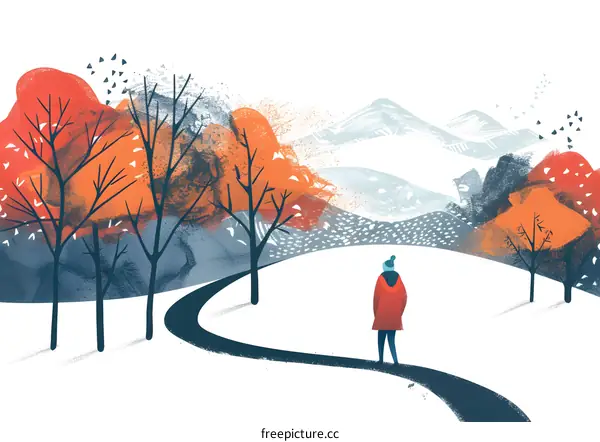 Winter Landscape with Person Walking on a Path