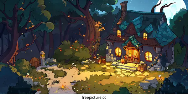 Magical Cottage in the Forest at Night