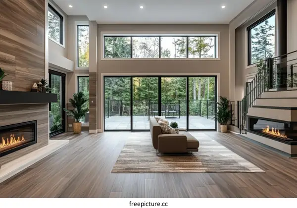 Modern Living Room with Large Windows and Fireplace