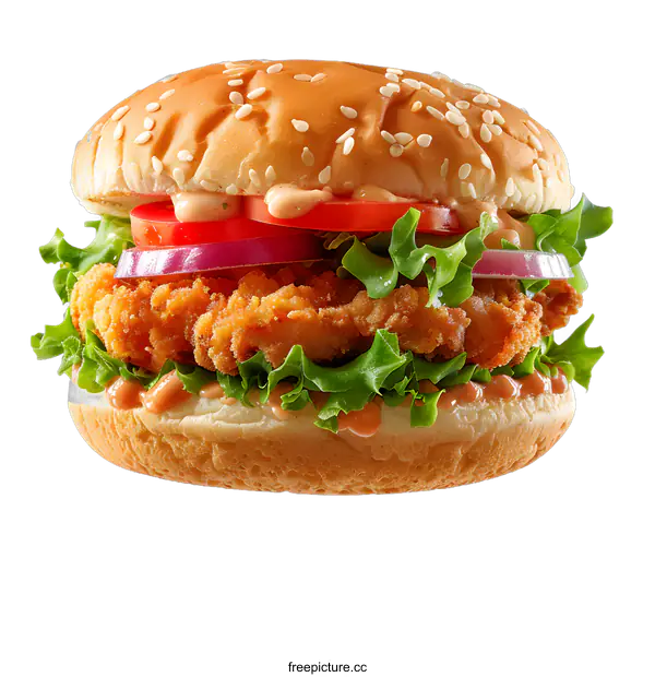 [Transparent Background PNG]A delicious crispy chicken burger with fresh vegetables