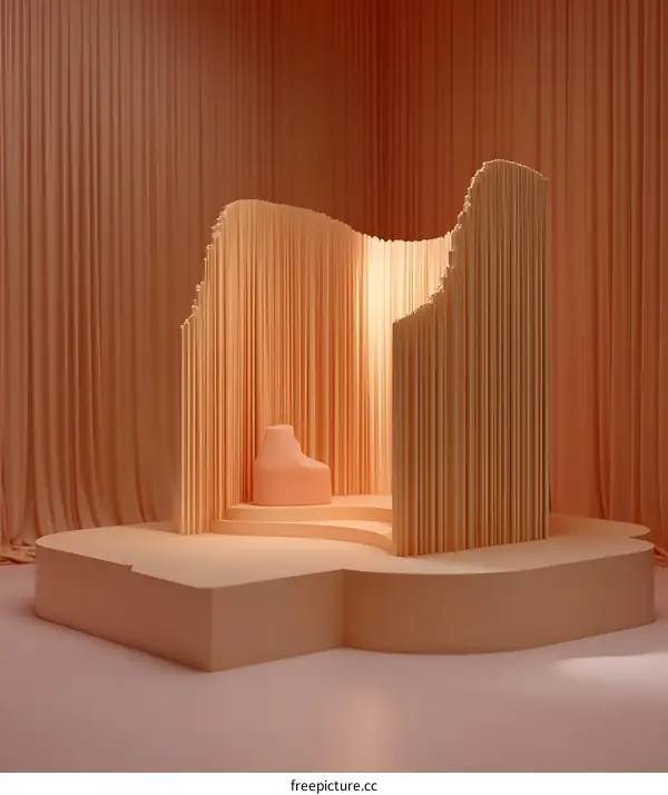 Abstract Minimalist 3D Stage with Orange Curtains