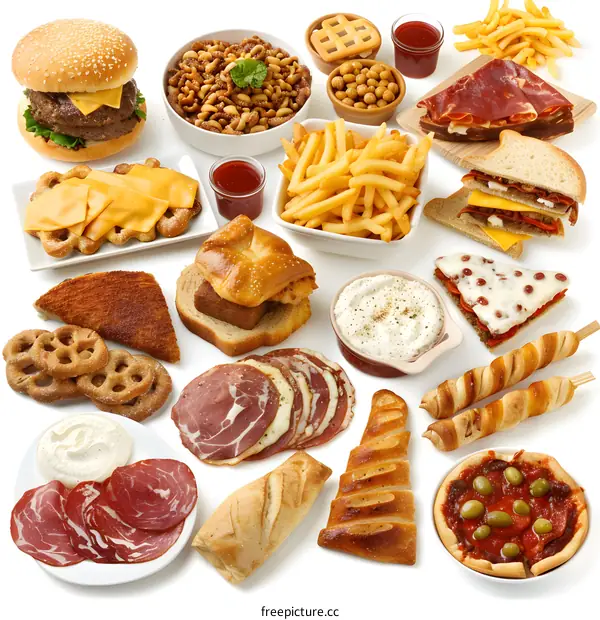 Assortment of Food Items on White Background