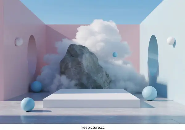 Minimalist Interior Scene with Floating Clouds and Large Stone