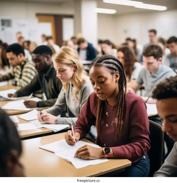 A group of diverse college students sitting in a lecture hall taking notes