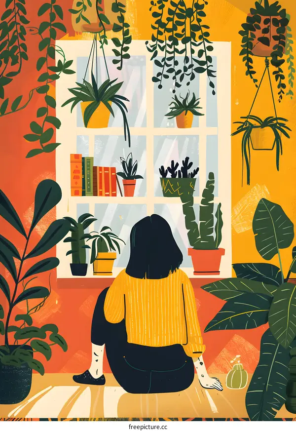 Woman Sitting In Front Of Window With Plants