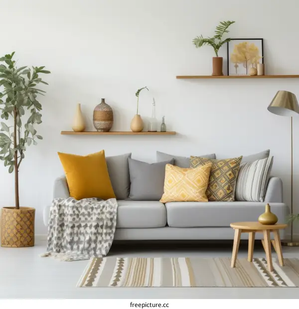 Cozy living room with sofa, plants, and shelves