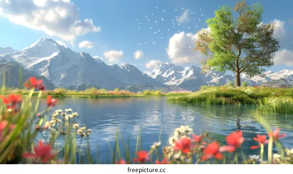 Serene Mountain Lake Landscape with Flowers and Birds