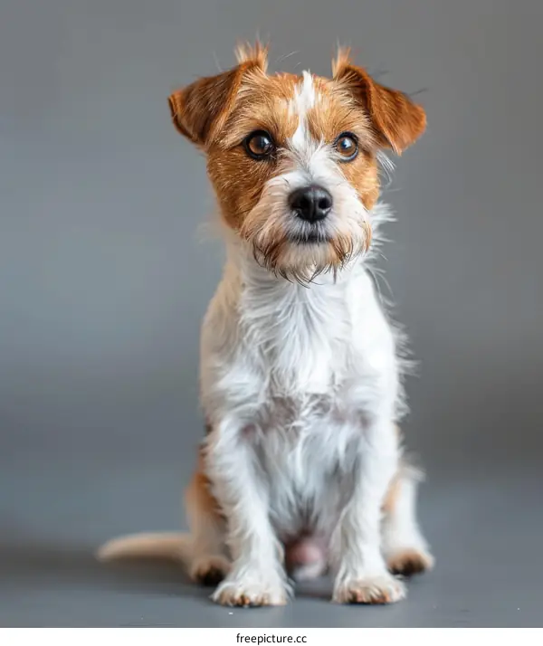 A cute brown and white Jack Russell Terrier dog is sitting on a gray background