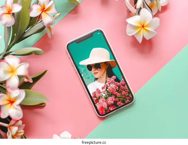 Phone Screen with Woman Wearing Hat and Sunglasses