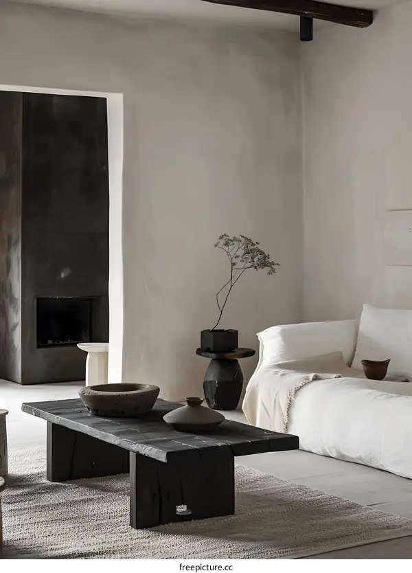 Minimalist Living Room Interior Design with Wooden Coffee Table and White Couch