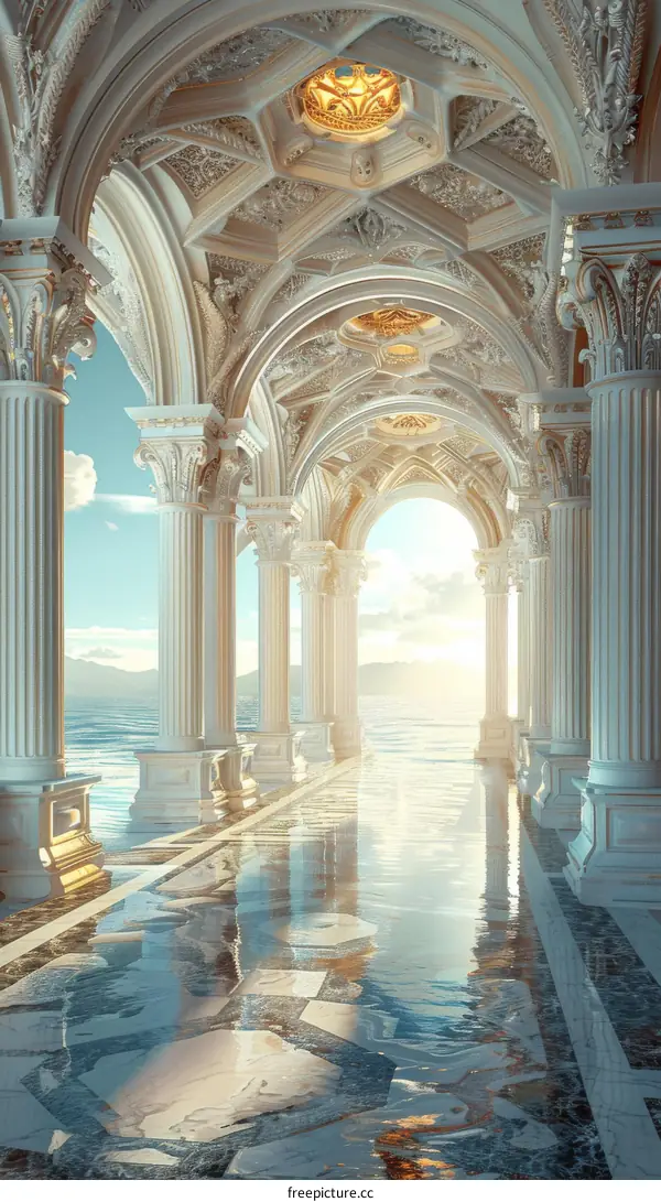 Majestic White Architectural Hallway with Water Reflection