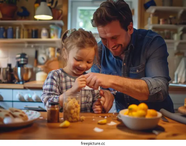 Father and daughter cooking in the kitchen