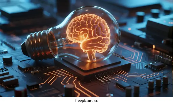 Light bulb with brain illustration on electronic circuit board