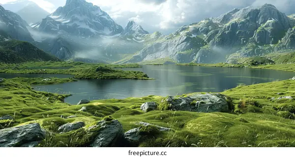 Mesmerizing Landscape: Serene Lake amidst Majestic Mountains and Verdant Fields