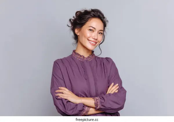 Confident Asian Woman in Stylish Purple Blouse