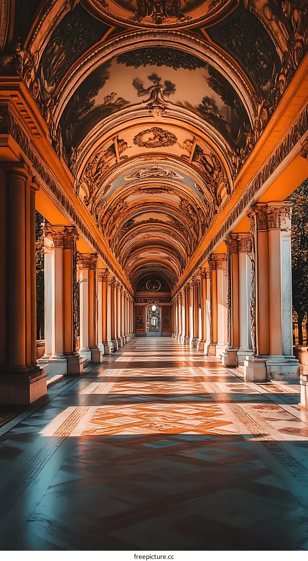 Ornate Arched Hallway With Painted Ceiling