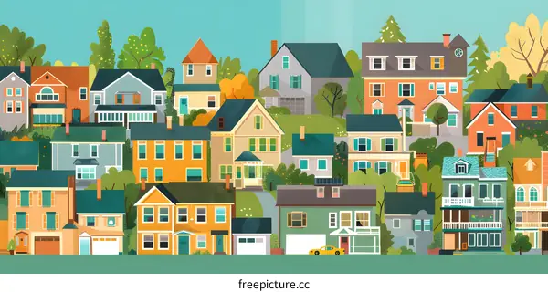 Colorful Illustration of a Suburban Neighborhood with Houses and Trees