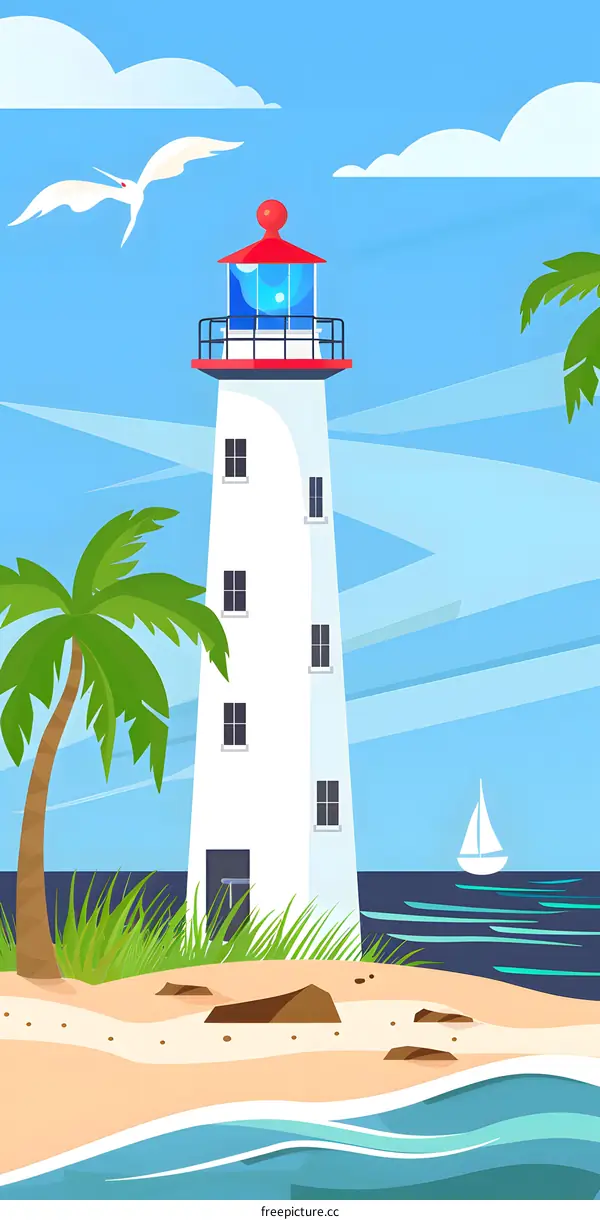 Lighthouse on a Tropical Island with Palm Trees and a Boat in the Ocean