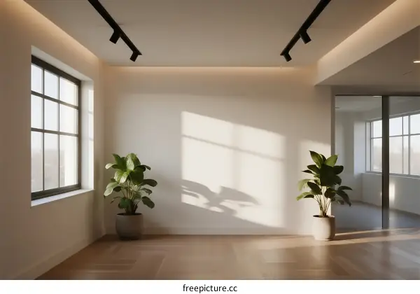 Modern bright room with large windows and indoor plants