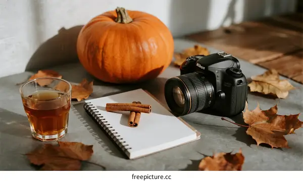 Autumn Still Life with Pumpkin, Camera and Spices