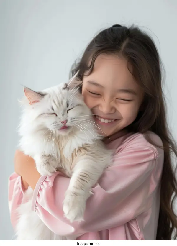 A girl hugging a white cat