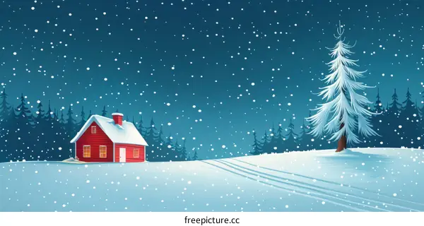 Snowy night landscape with a red house