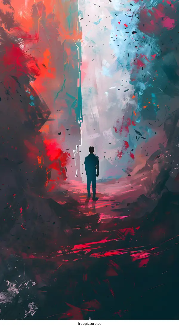 Abstract Painting of a Man in a Red and Blue Landscape