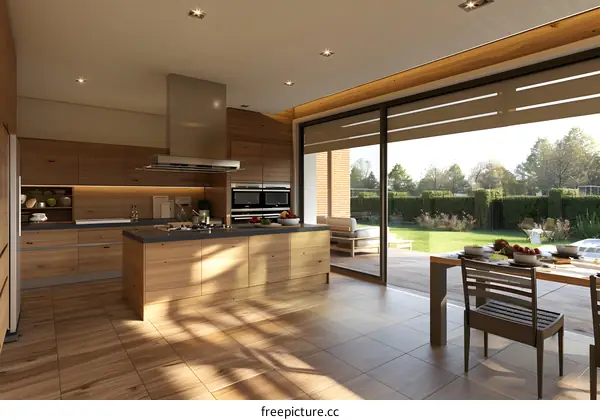 An open concept kitchen with an island and a dining table