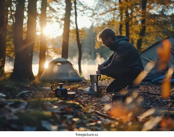 Man Kneeling in the Woods Making Coffee with a Percolator