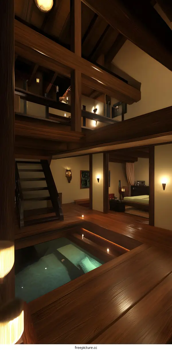 Modern Interior Design with Wooden Beams and a Pool