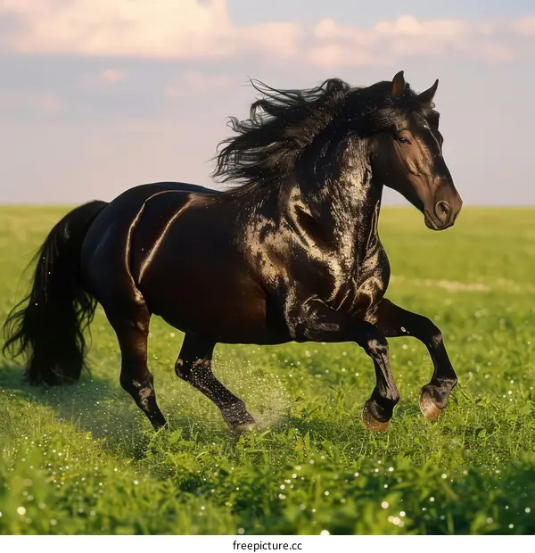 A black horse is running in the green field