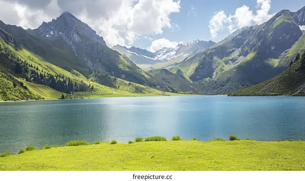 Serene Mountain Lake Landscape with Green Hills